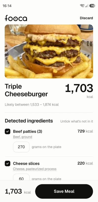 Fooca's review screen: a photographed triple cheeseburger analyzed to 1,703 kcal — likely between 1,533 and 1,874 — with every detected ingredient, its grams and its calories listed for confirmation